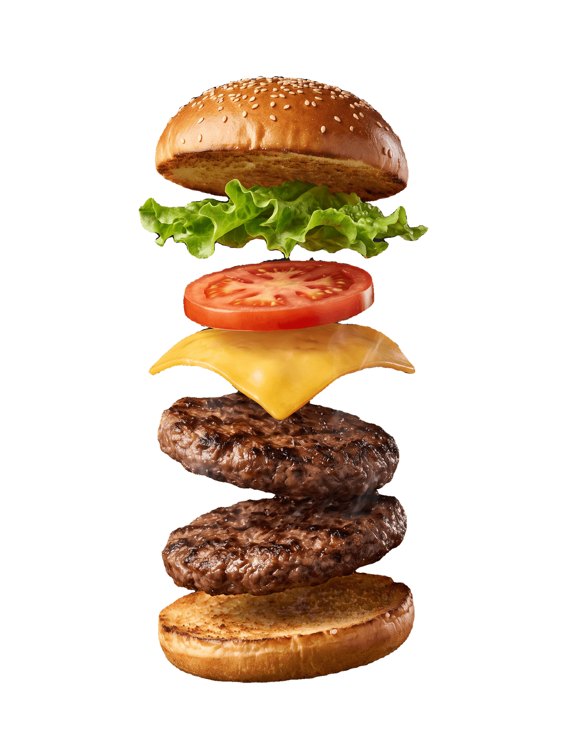 Exploded FUDHOME cheeseburger showing every fresh layer floating apart